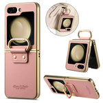 For Samsung Galaxy Z Flip5 5G Case Electroplating Leather Coated PC Phone Cover with Spring Ring Buckle Kickstand