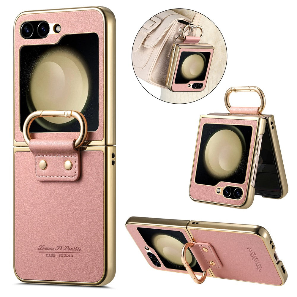 For Samsung Galaxy Z Flip5 5G Case Electroplating Leather Coated PC Phone Cover with Spring Ring Buckle Kickstand