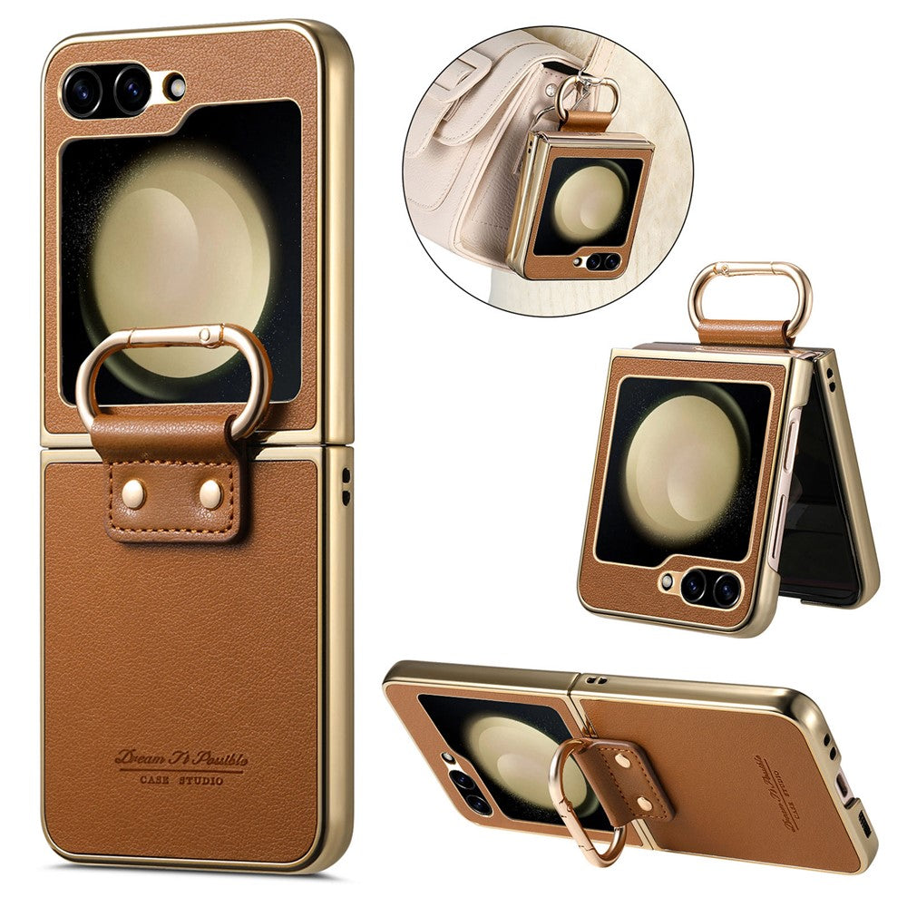 For Samsung Galaxy Z Flip6 5G Case Electroplating Leather Coated PC Phone Cover with Spring Ring Buckle Kickstand