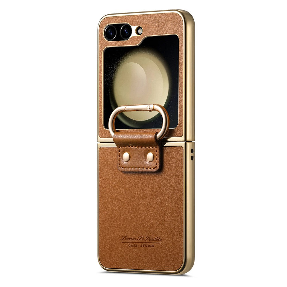 For Samsung Galaxy Z Flip6 5G Case Electroplating Leather Coated PC Phone Cover with Spring Ring Buckle Kickstand