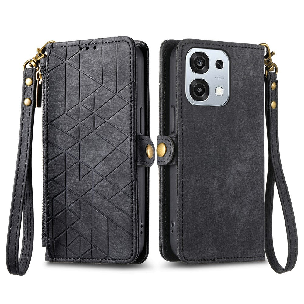 For Oppo A6 Pro 5G  /  F31 5G Case Zipper Wallet Geometry Lines Leather Phone Cover with Strap