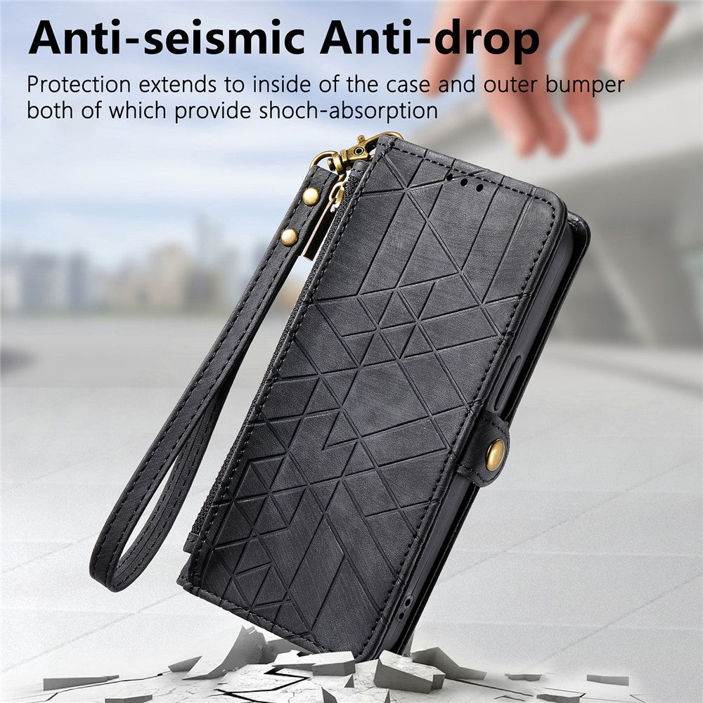 For Oppo A6 Pro 5G  /  F31 5G Case Zipper Wallet Geometry Lines Leather Phone Cover with Strap