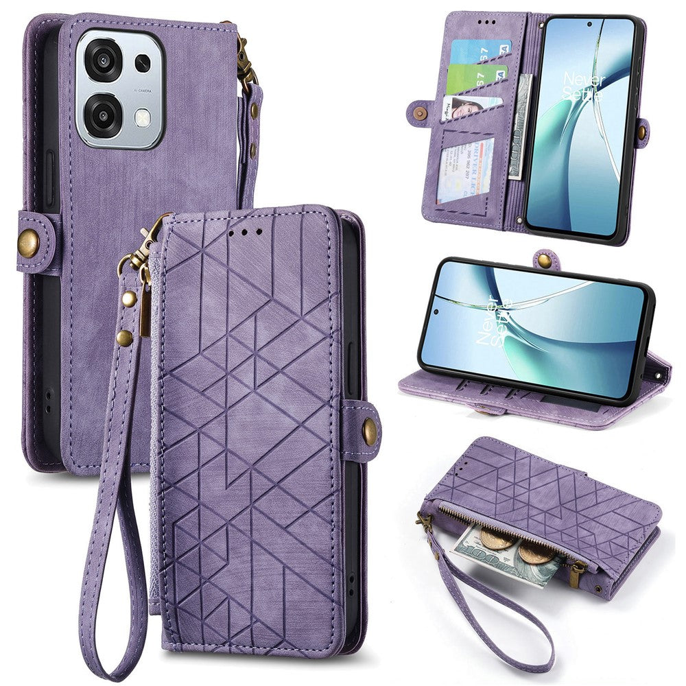 For Oppo A6 Pro 5G  /  F31 5G Case Zipper Wallet Geometry Lines Leather Phone Cover with Strap