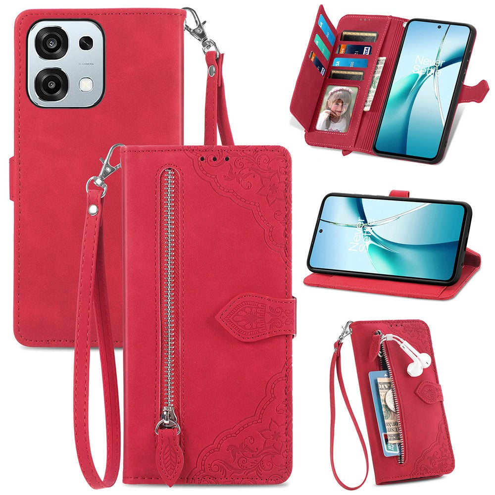 For Oppo A6 Pro 5G  /  F31 5G Zipper Wallet Case with Strap Flower Imprint PU Leather Phone Cover