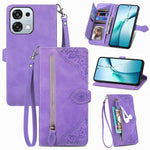 For Oppo A6 Pro 5G  /  F31 5G Zipper Wallet Case with Strap Flower Imprint PU Leather Phone Cover