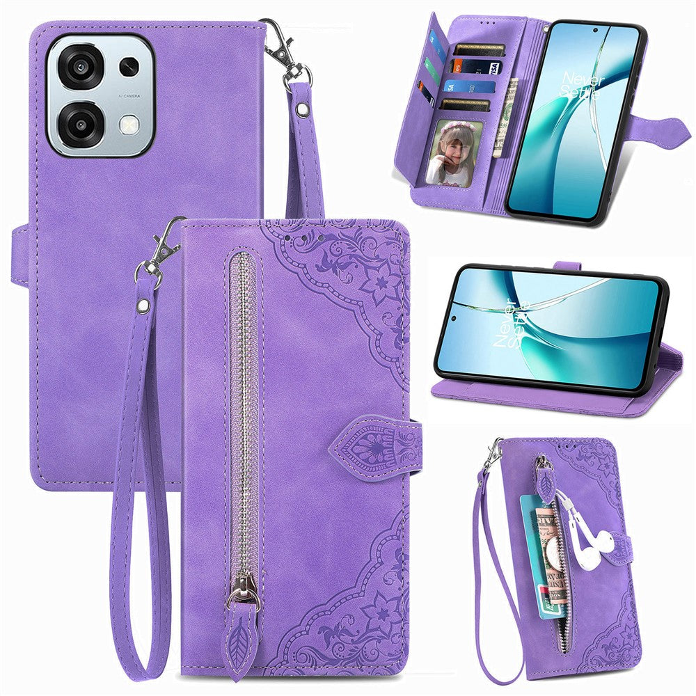 For Oppo A6 Pro 5G  /  F31 5G Zipper Wallet Case with Strap Flower Imprint PU Leather Phone Cover