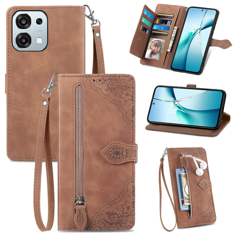 For Oppo A6 Pro 5G  /  F31 5G Zipper Wallet Case with Strap Flower Imprint PU Leather Phone Cover