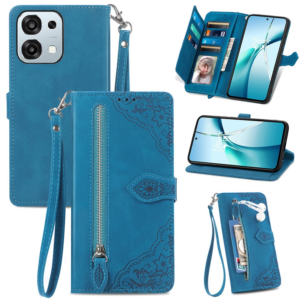For Oppo A6 Pro 5G  /  F31 5G Zipper Wallet Case with Strap Flower Imprint PU Leather Phone Cover