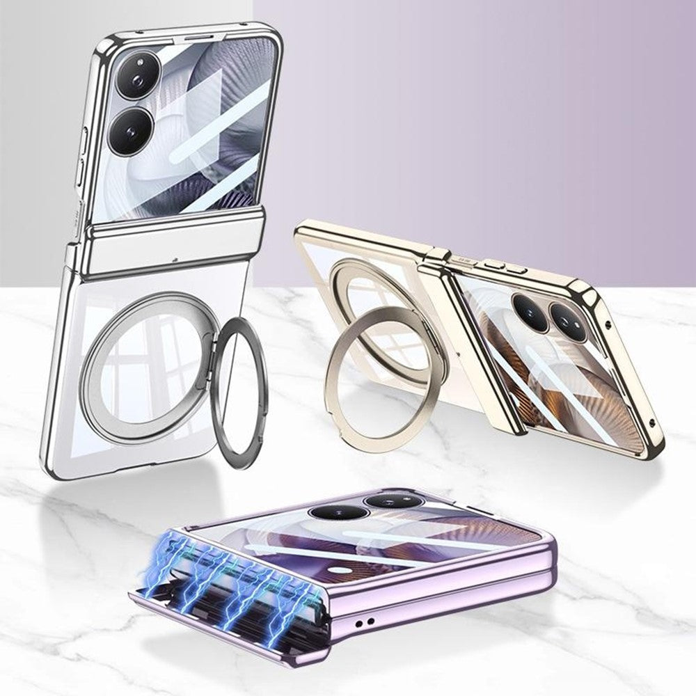 GKK For Xiaomi Mix Flip 2 Magnetic Case Ring Kickstand Electroplating Clear PC Phone Cover with Rear Screen Film