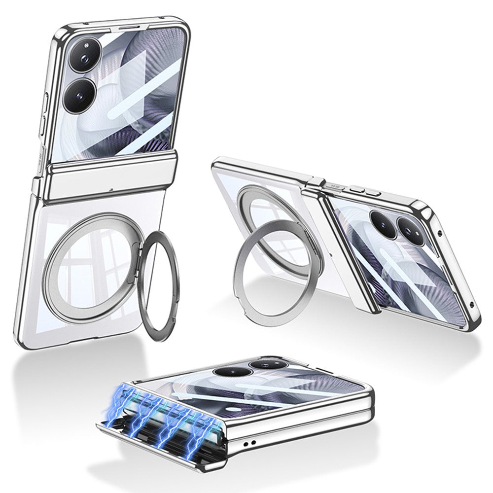 GKK For Xiaomi Mix Flip 2 Magnetic Case Ring Kickstand Electroplating Clear PC Phone Cover with Rear Screen Film