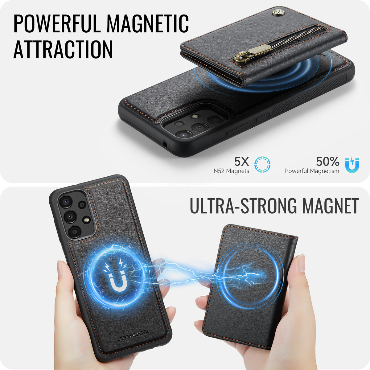 JEEHOOD För Samsung Galaxy A52 5G / Galaxy A52s 5G / Galaxy A52 4G Skal J12 Magnetiskt Avtagbart Dragkedja Plånbok Stativ Läder Bakstycke Magnetiskt Skal