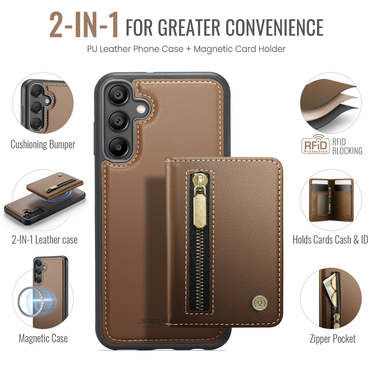JEEHOOD til Samsung Galaxy A55 5G Cover J12 Magnetisk Aftagelig Lynlås Pung Stativ Læder Bagcover Magnetisk Cover