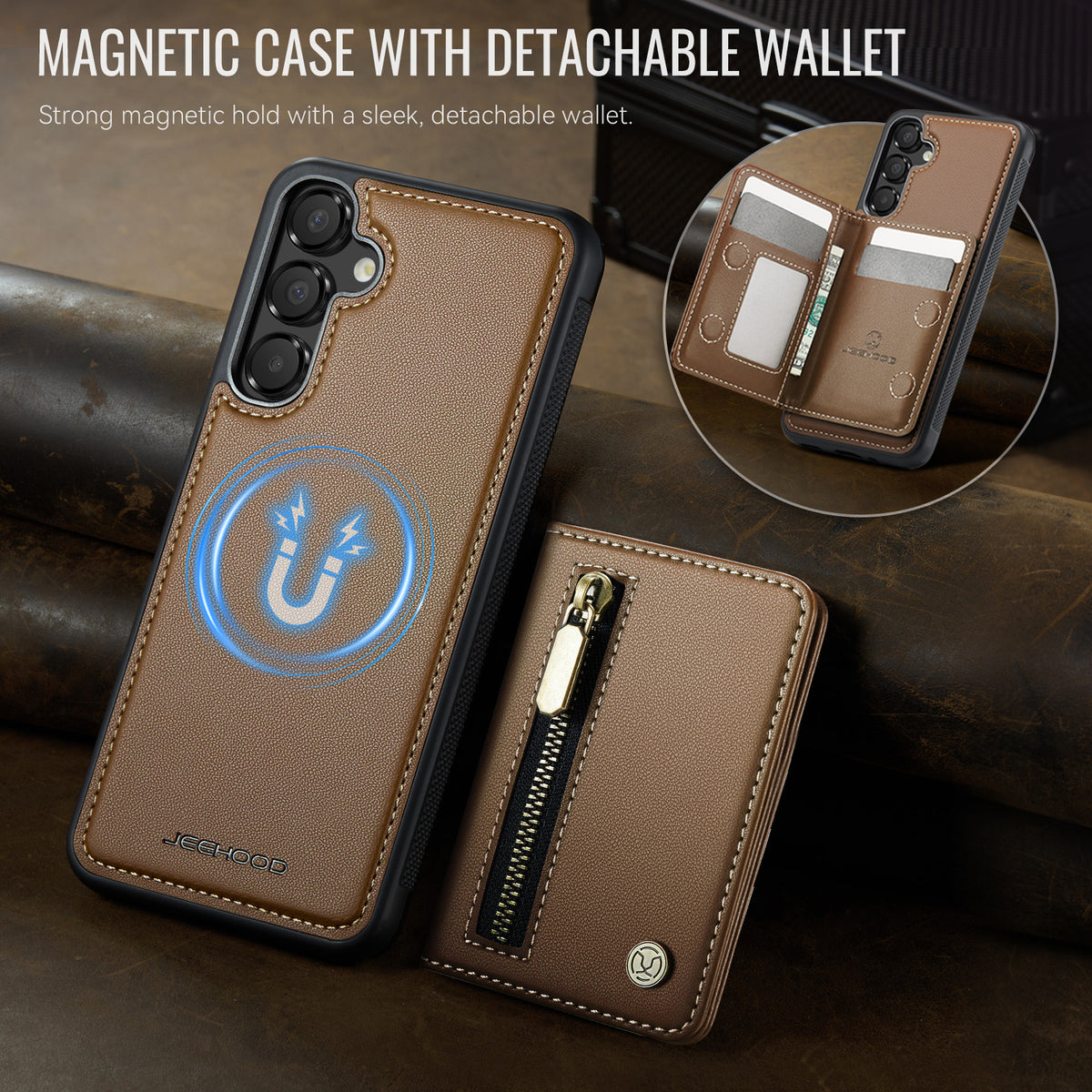 JEEHOOD til Samsung Galaxy A55 5G Cover J12 Magnetisk Aftagelig Lynlås Pung Stativ Læder Bagcover Magnetisk Cover