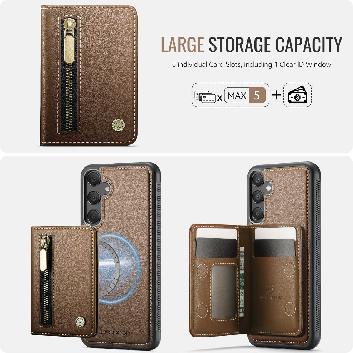JEEHOOD til Samsung Galaxy A55 5G Cover J12 Magnetisk Aftagelig Lynlås Pung Stativ Læder Bagcover Magnetisk Cover
