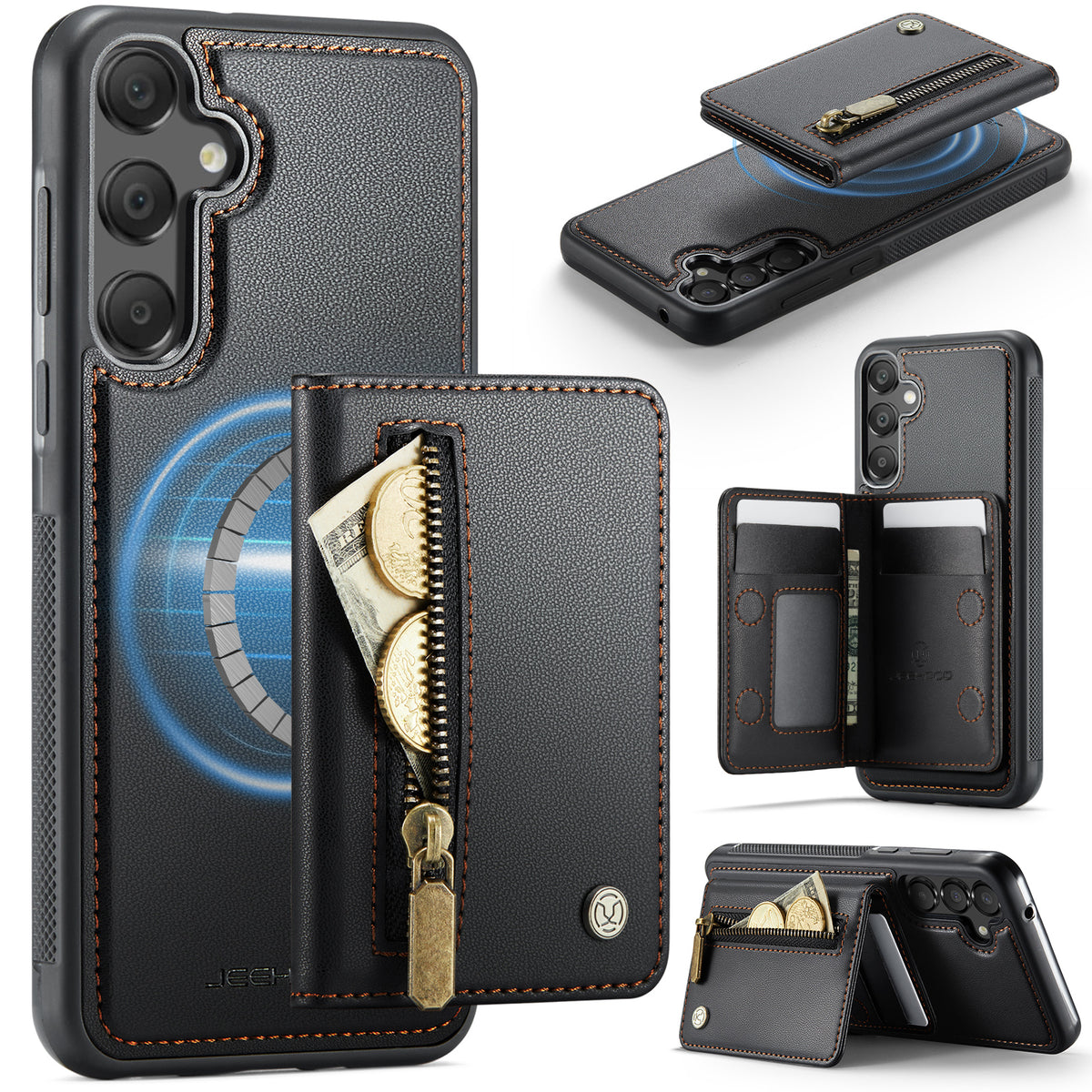 JEEHOOD til Samsung Galaxy A55 5G Cover J12 Magnetisk Aftagelig Lynlås Pung Stativ Læder Bagcover Magnetisk Cover