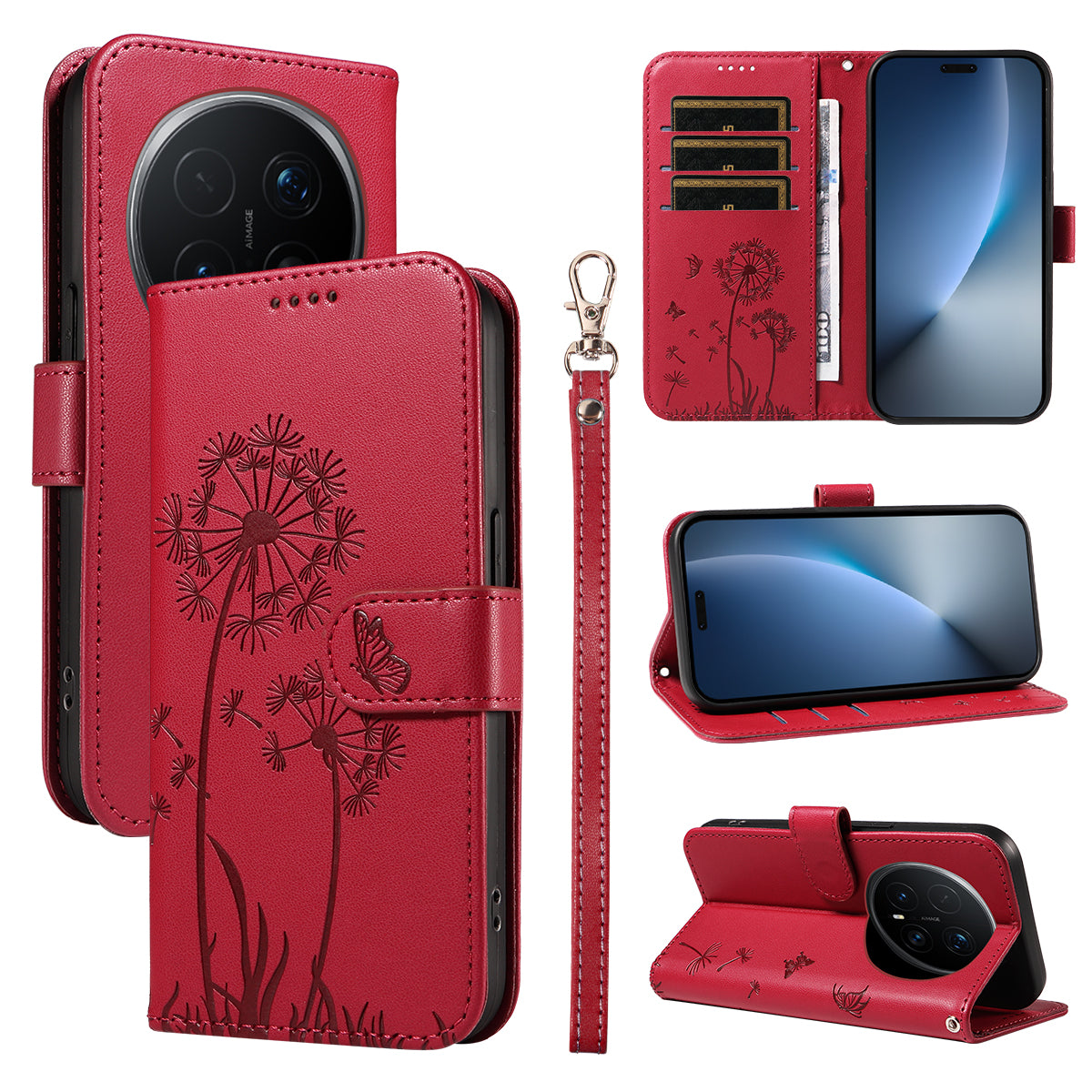 For Honor Magic8 Pro 5G Leather Wallet Case with Strap Dandelion Imprint Phone Stand Cover