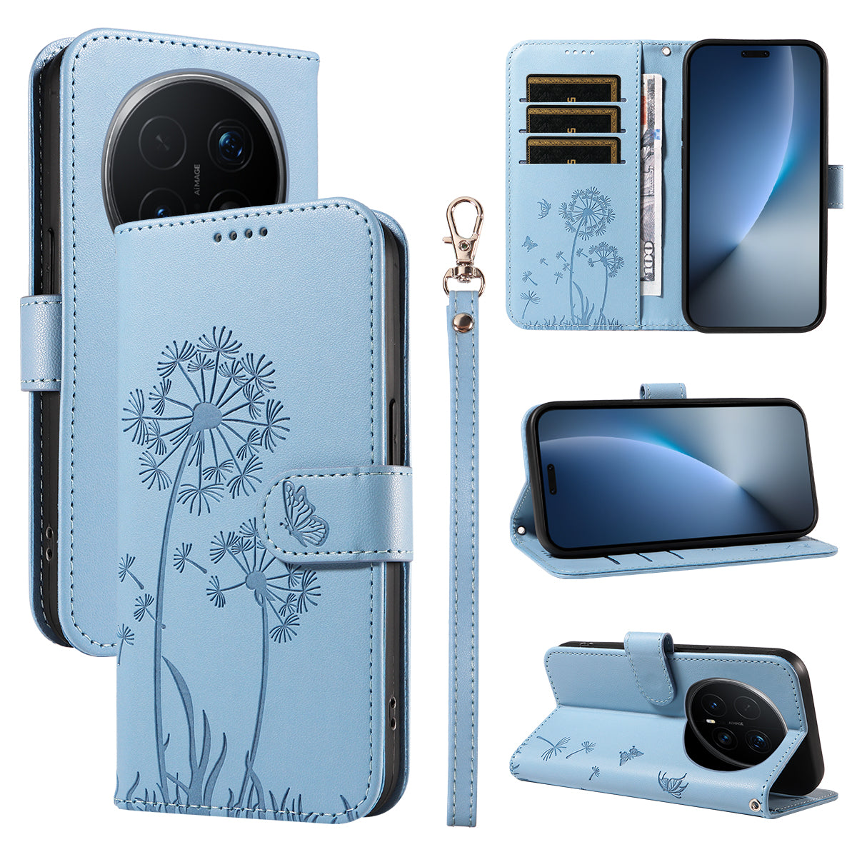 For Honor Magic8 Pro 5G Leather Wallet Case with Strap Dandelion Imprint Phone Stand Cover