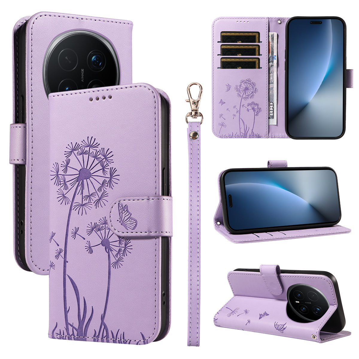 For Honor Magic8 Pro 5G Leather Wallet Case with Strap Dandelion Imprint Phone Stand Cover