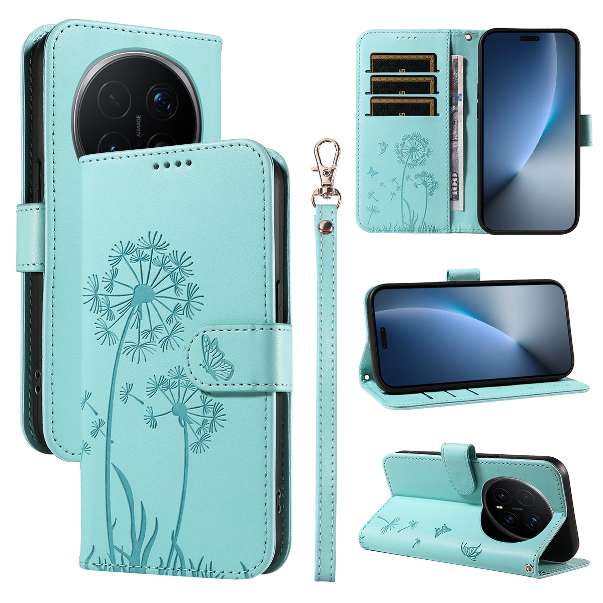 For Honor Magic8 Pro 5G Leather Wallet Case with Strap Dandelion Imprint Phone Stand Cover