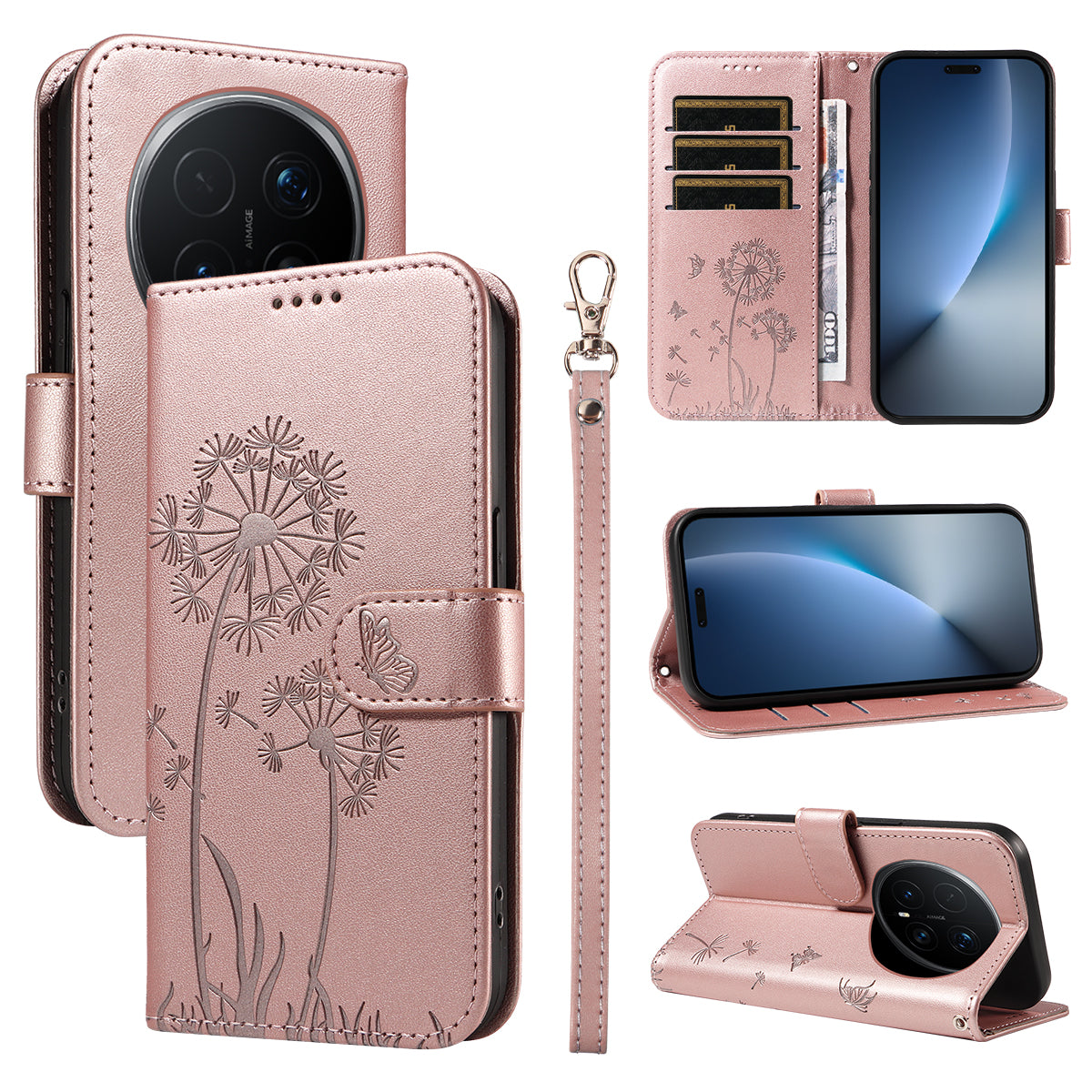 For Honor Magic8 Pro 5G Leather Wallet Case with Strap Dandelion Imprint Phone Stand Cover