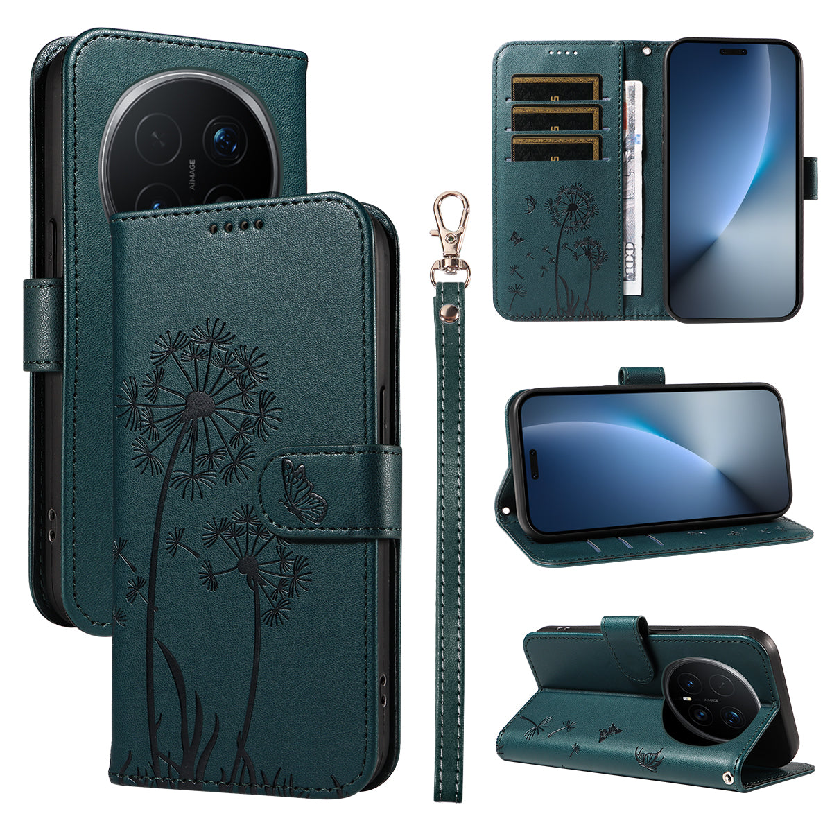 For Honor Magic8 Pro 5G Leather Wallet Case with Strap Dandelion Imprint Phone Stand Cover