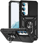 For Samsung Galaxy S23 Back Case, Slide Camera Protector Design Shockproof PC + TPU Protective Phone Cover with Metal Ring Kickstand