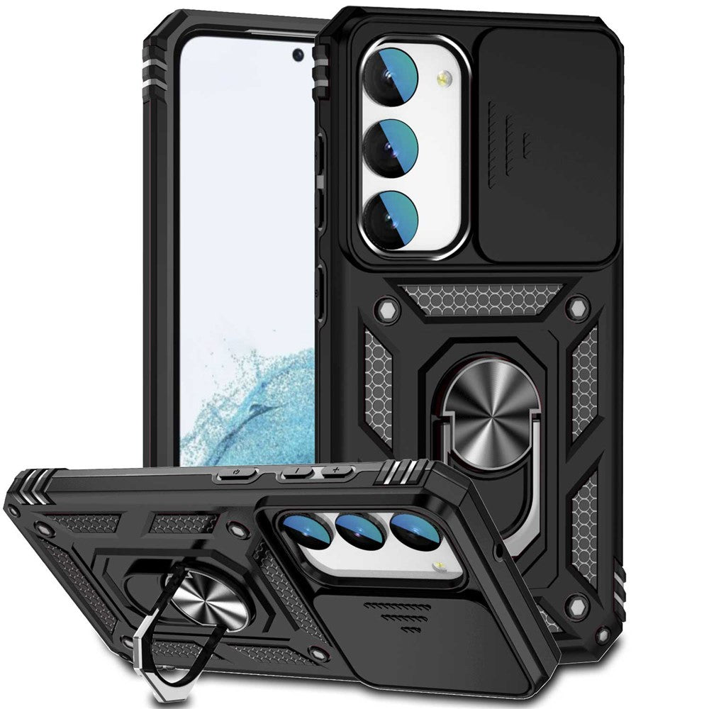 For Samsung Galaxy S23 Back Case, Slide Camera Protector Design Shockproof PC + TPU Protective Phone Cover with Metal Ring Kickstand