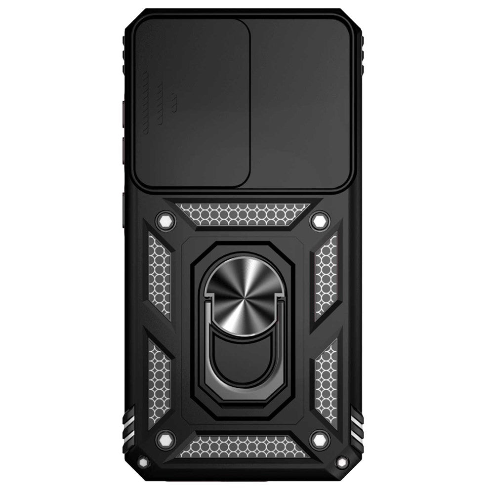 For Samsung Galaxy S23 Back Case, Slide Camera Protector Design Shockproof PC + TPU Protective Phone Cover with Metal Ring Kickstand