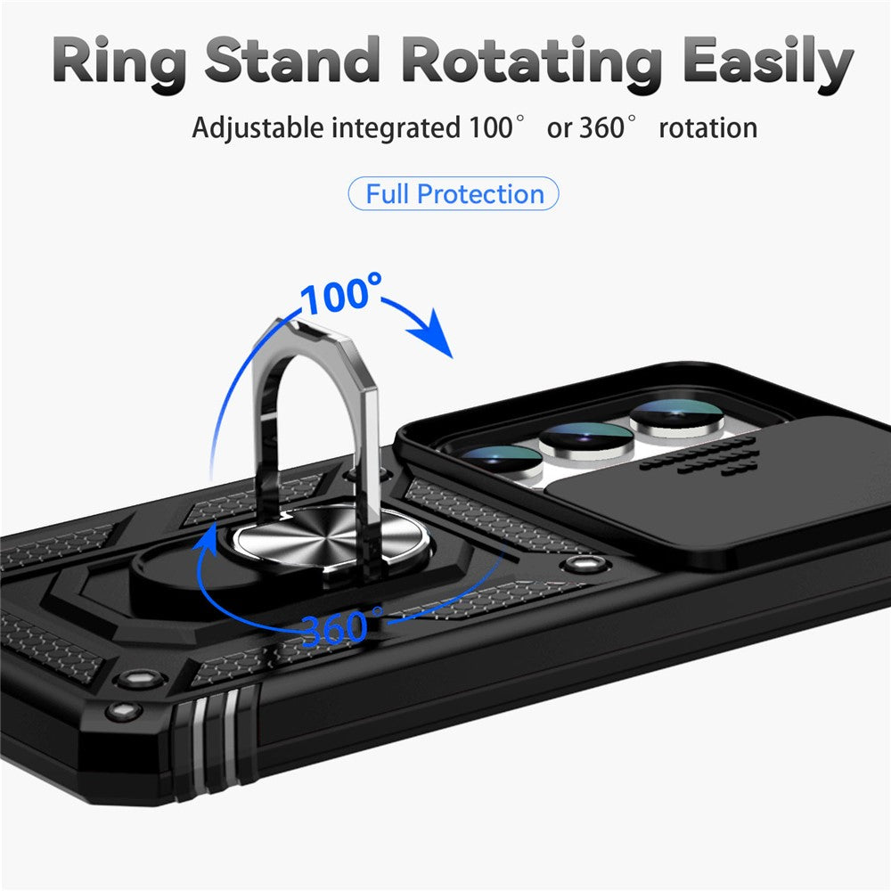 For Samsung Galaxy S23 Back Case, Slide Camera Protector Design Shockproof PC + TPU Protective Phone Cover with Metal Ring Kickstand