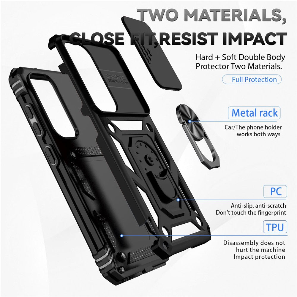 For Samsung Galaxy S23 Back Case, Slide Camera Protector Design Shockproof PC + TPU Protective Phone Cover with Metal Ring Kickstand