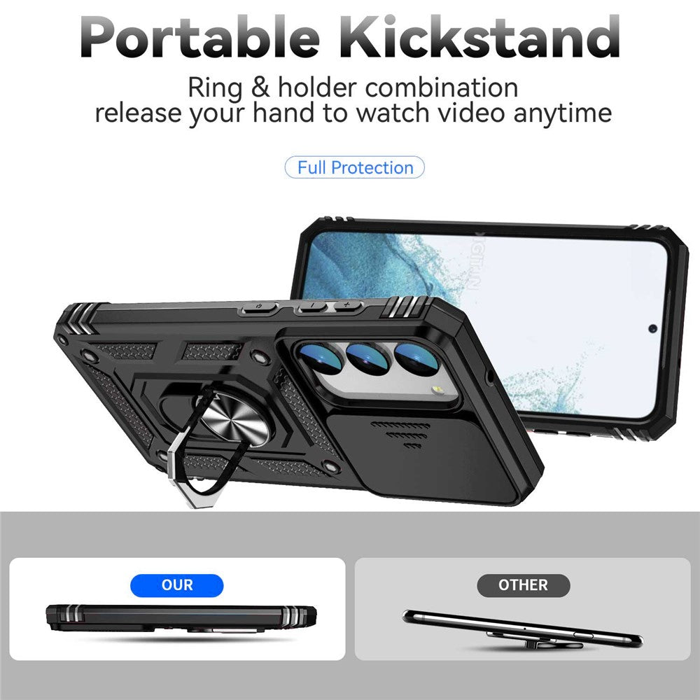 For Samsung Galaxy S23 Back Case, Slide Camera Protector Design Shockproof PC + TPU Protective Phone Cover with Metal Ring Kickstand