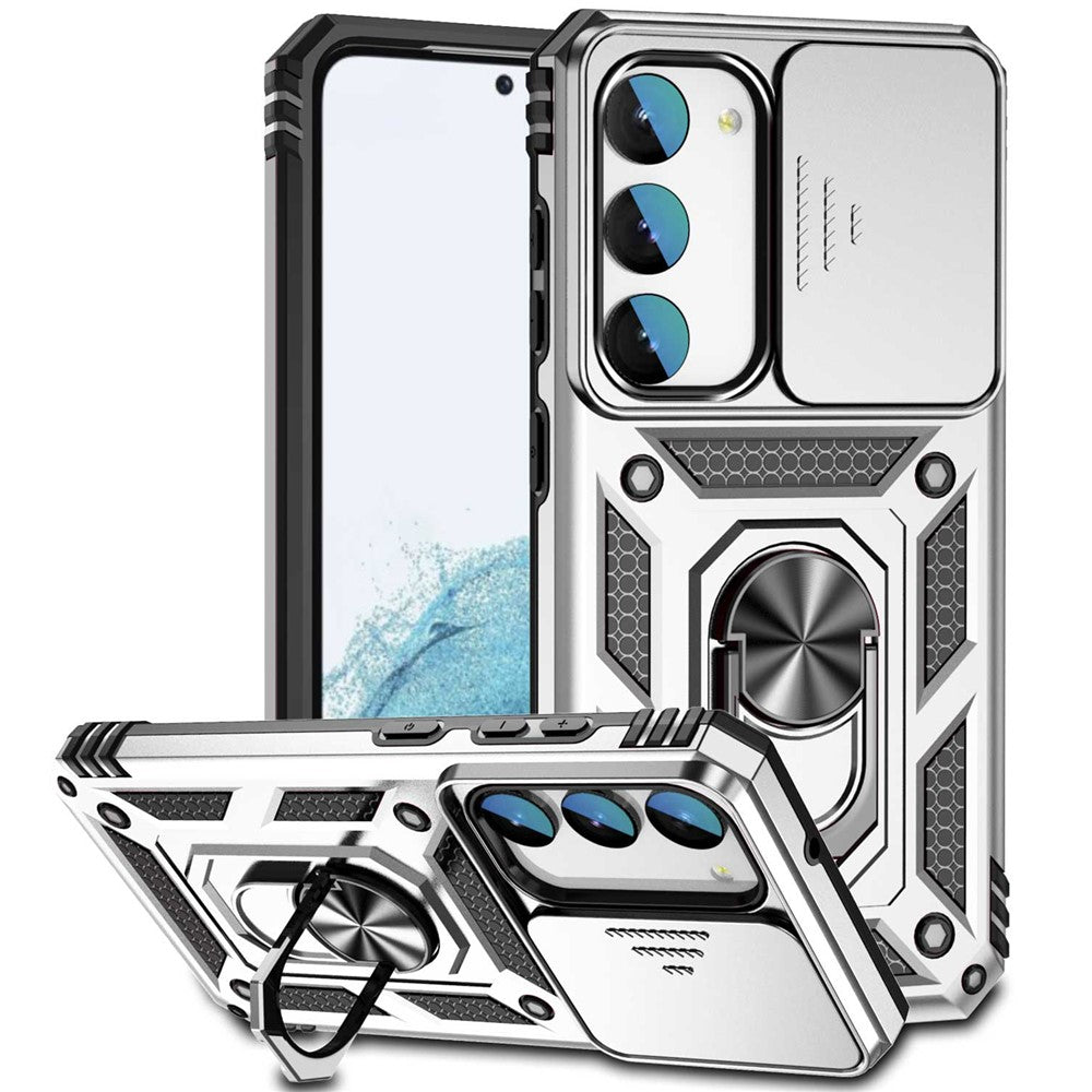 For Samsung Galaxy S23 Back Case, Slide Camera Protector Design Shockproof PC + TPU Protective Phone Cover with Metal Ring Kickstand