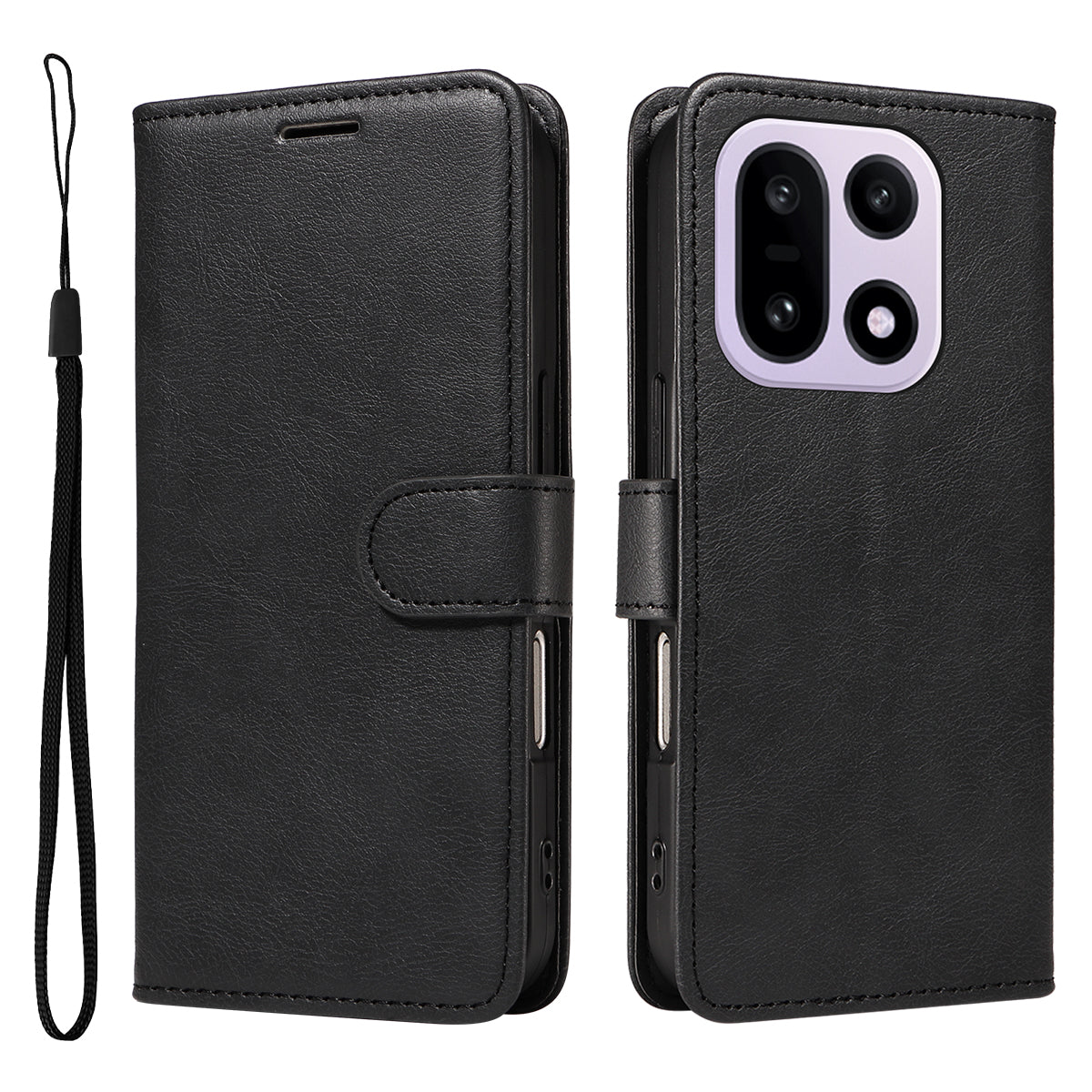 For OnePlus 15 5G Leather Wallet Case with Strap Solid Color Phone Stand Cover