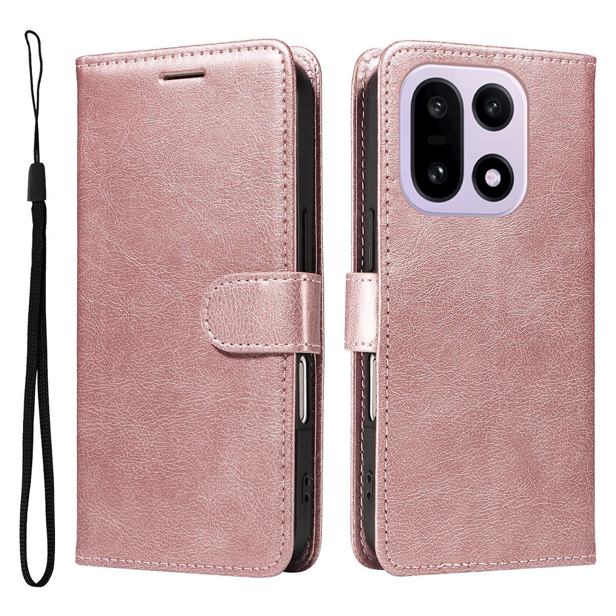 For OnePlus 15 5G Leather Wallet Case with Strap Solid Color Phone Stand Cover