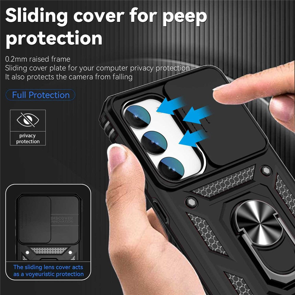 Slide Camera Protector Back Case for Samsung Galaxy S23+, PC + TPU Protective Phone Cover with Metal Ring Kickstand