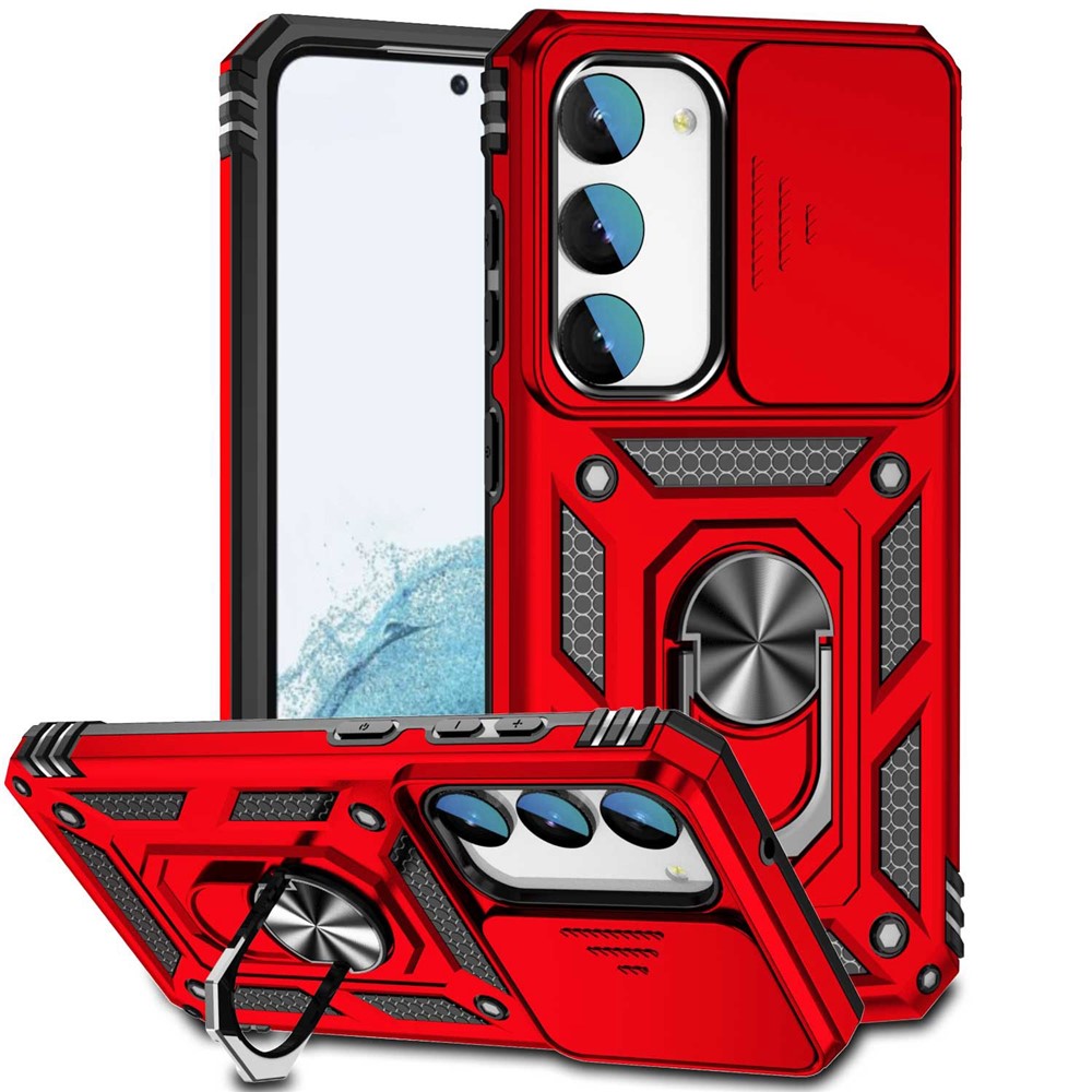Slide Camera Protector Back Case for Samsung Galaxy S23+, PC + TPU Protective Phone Cover with Metal Ring Kickstand