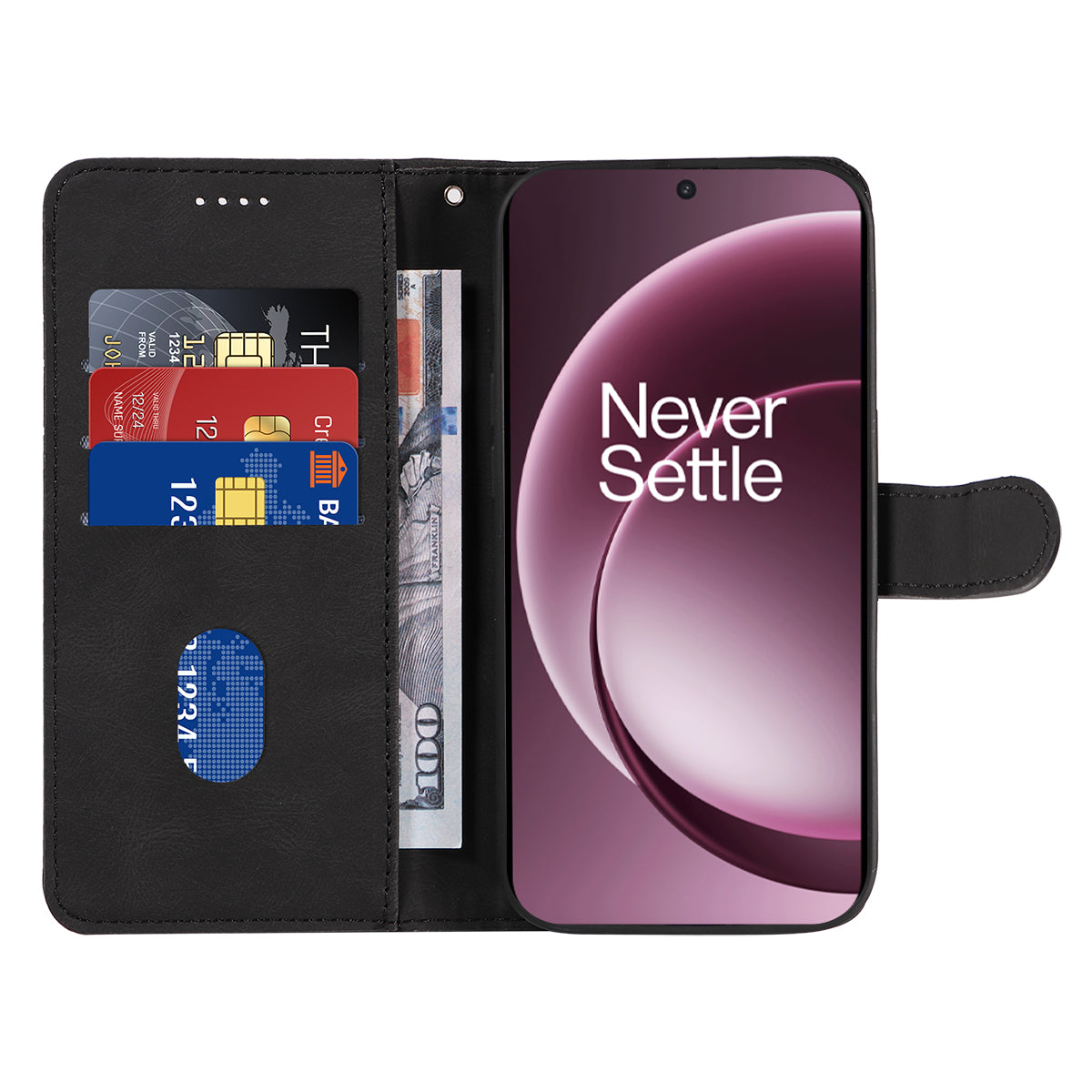 OnePlus 15 5G plånboksfodral lädermobilfodral med stativ med böjd linjedesign