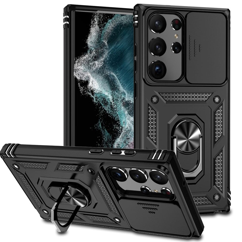 Back Case for Samsung Galaxy S23 Ultra, Slide Camera Protector Design Anti-drop PC + TPU Protective Phone Cover with Metal Ring Kickstand