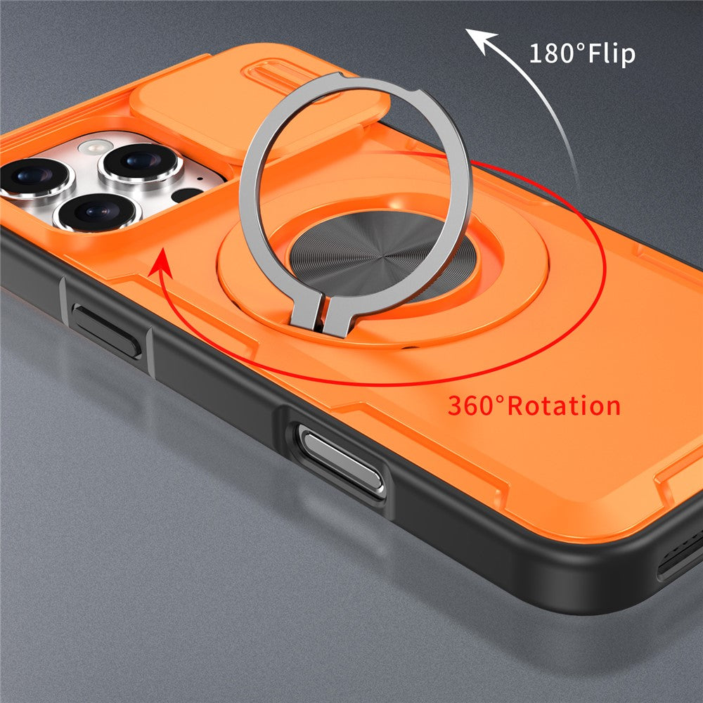 Til iPhone 16 Pro Max Magnetisk Cover Skydbart Kameralåg Roterende Støtteben PC + TPU Telefoncover