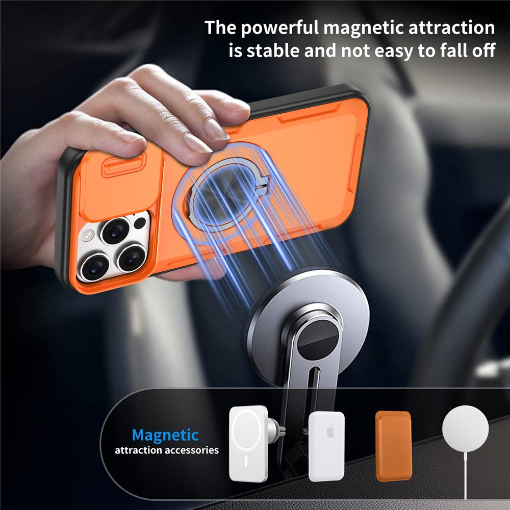 Til iPhone 16 Pro Max Magnetisk Cover Skydbart Kameralåg Roterende Støtteben PC + TPU Telefoncover
