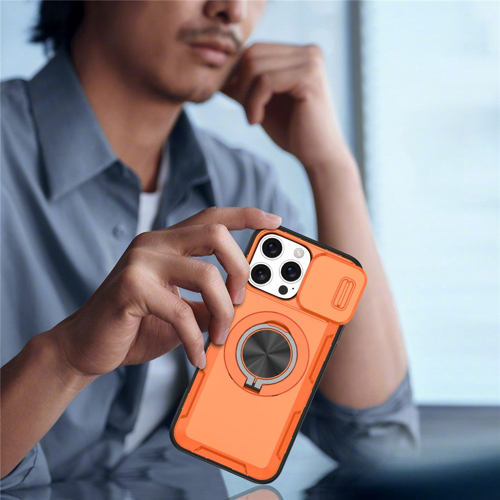 Til iPhone 16 Pro Max Magnetisk Cover Skydbart Kameralåg Roterende Støtteben PC + TPU Telefoncover