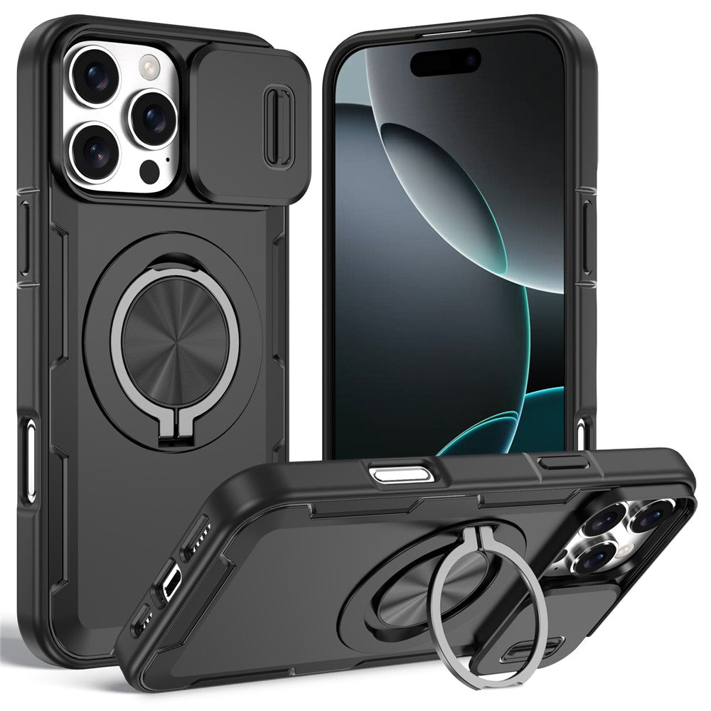 Til iPhone 16 Pro Max Magnetisk Cover Skydbart Kameralåg Roterende Støtteben PC + TPU Telefoncover