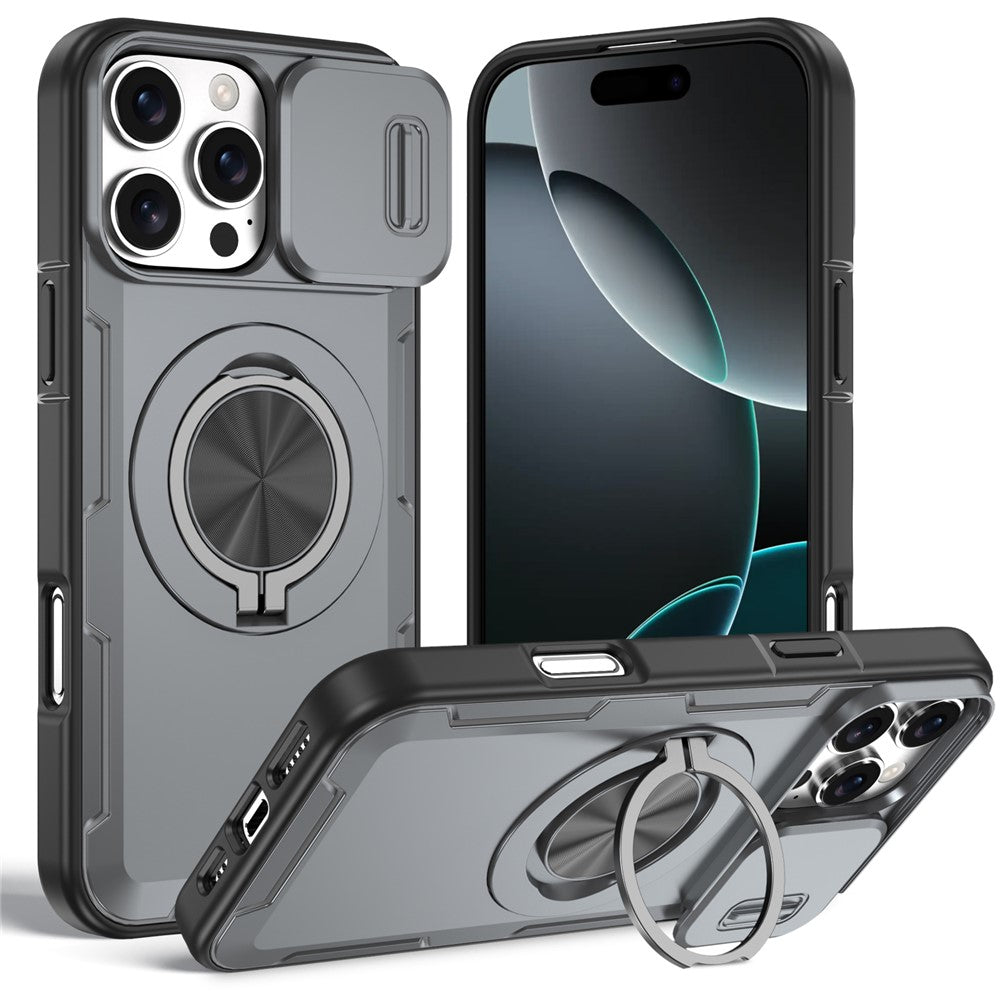 Til iPhone 16 Pro Max Magnetisk Cover Skydbart Kameralåg Roterende Støtteben PC + TPU Telefoncover