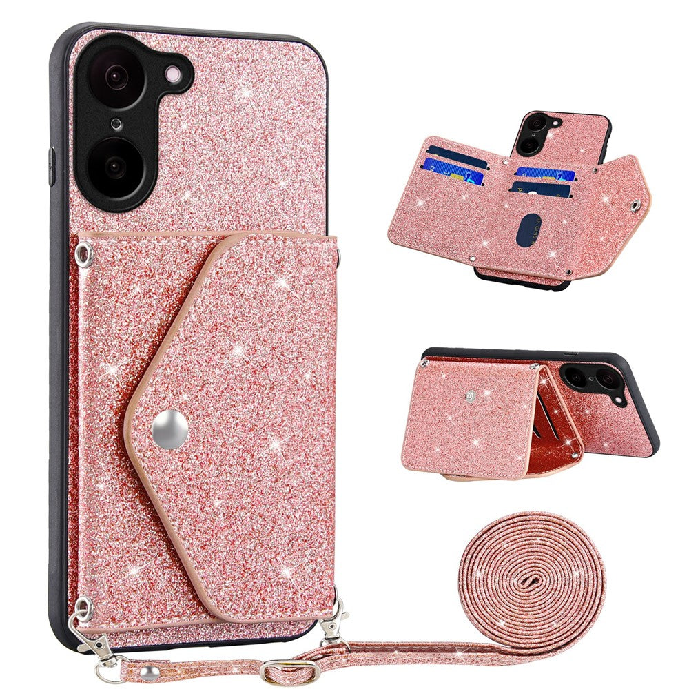 OnePlus Nord CE5 5G / Ace 5 Racing 5G-skal Korthållare Stativ PU-läder + TPU Glitter mobilskal med Axelrem