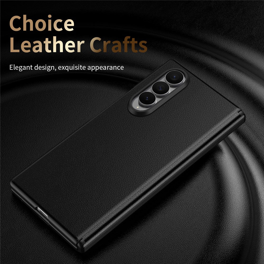 For Samsung Galaxy Z Fold4 5G Magnetic Case Hinge Protection Leather PC Phone Cover with Smart Side Button / Tempered Glass Film
