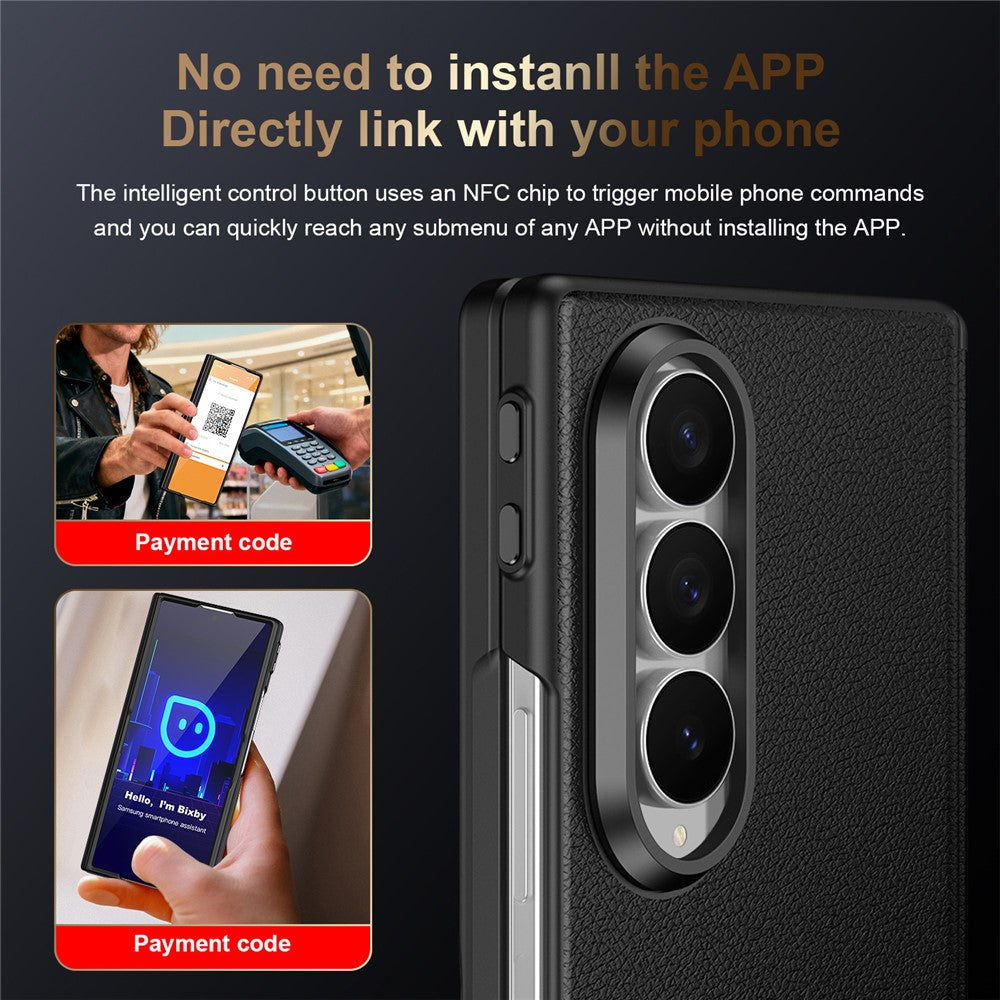 For Samsung Galaxy Z Fold4 5G Magnetic Case Hinge Protection Leather PC Phone Cover with Smart Side Button / Tempered Glass Film