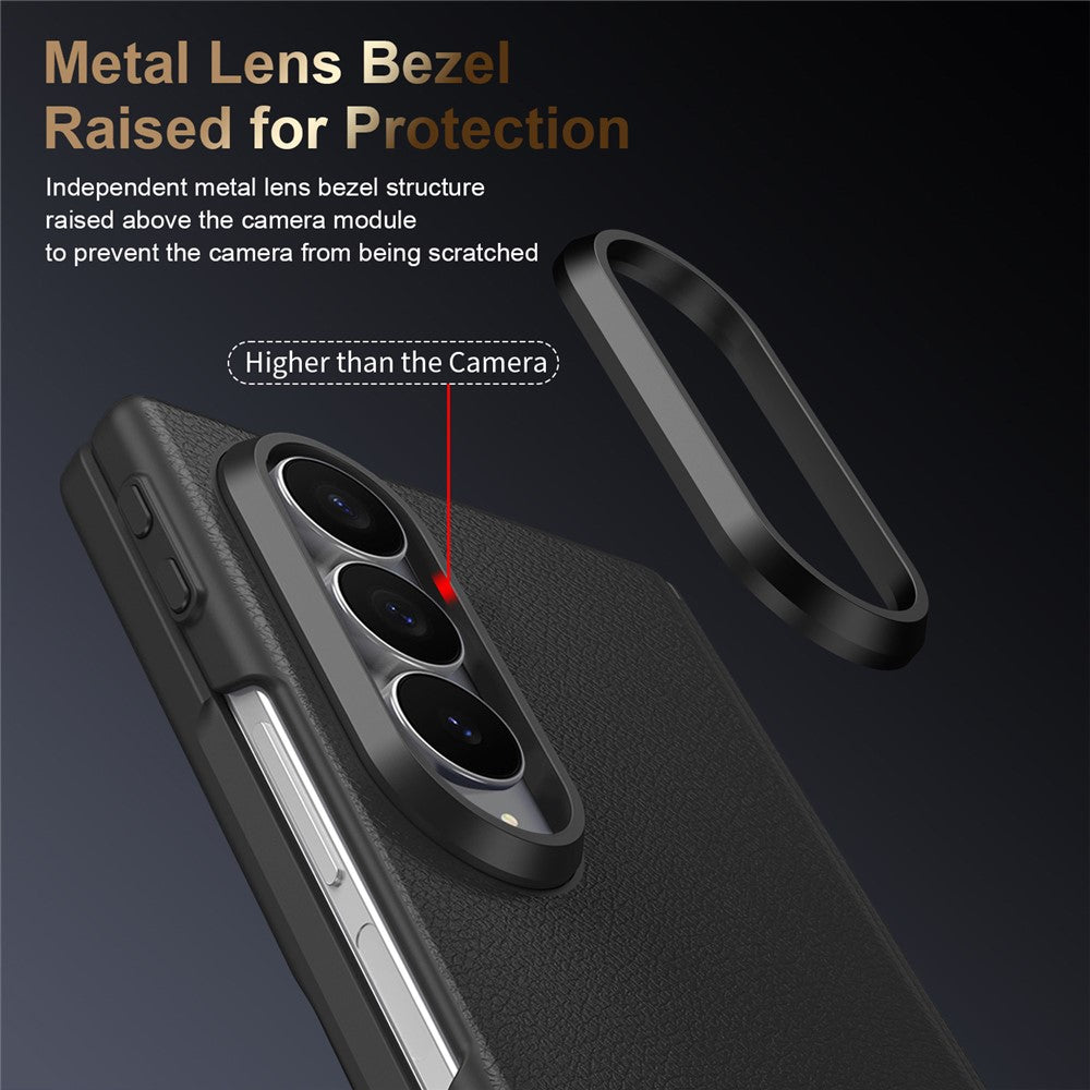 For Samsung Galaxy Z Fold4 5G Magnetic Case Hinge Protection Leather PC Phone Cover with Smart Side Button / Tempered Glass Film