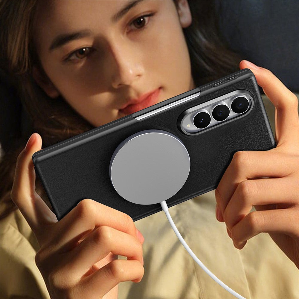 For Samsung Galaxy Z Fold4 5G Magnetic Case Hinge Protection Leather PC Phone Cover with Smart Side Button / Tempered Glass Film