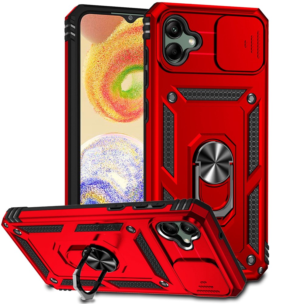 Bagcover til Samsung Galaxy A04 4G (164,4 x 76,3 x 9,1 mm), Stødsikker PC + TPU beskyttelsescover til telefon med skydbar kamerabeskyttelse og metalringstøtteben