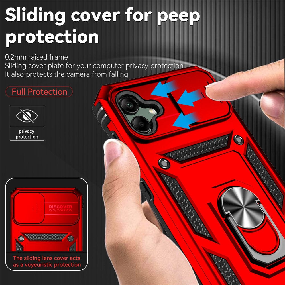 Bagcover til Samsung Galaxy A04 4G (164,4 x 76,3 x 9,1 mm), Stødsikker PC + TPU beskyttelsescover til telefon med skydbar kamerabeskyttelse og metalringstøtteben